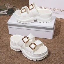 6cm Platform Double Buckle Sandals For Women, Soft Sole Slip-On Outdoor Slippers, Inspo Style Anti-Slip House Slippers - White - View 3