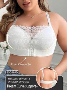 Plus Size Women's Lingerie Bra Front Button, Soft And Comfortable Lace Patchwork Underwear - White - View 3