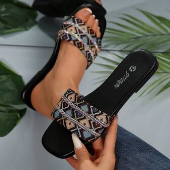 女士水钻编织平底拖鞋，花卉印花随机波西米亚风格室内/户外休闲凉鞋，适合派对和度假