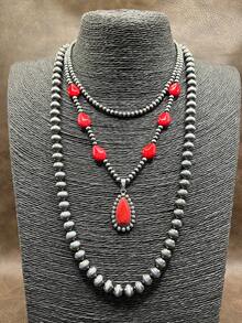 1 Set Fashionable Vintage Western Style Faux Pearl CCB Beaded 3 Layer Necklace, Pink/Black/Red/Blue/White/Yellow Waterdrop Pendant Chain For Women, Suitable For Daily Outfit, Party, Jewelry, Gift For Family/Friends/Yourself - Country Western Style - View 20