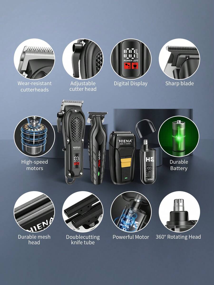 HIENA 男士專業理髮器 4 件組，無線理髮器與修剪器套組，電動鬍鬚修剪器與鼻毛修剪器套組，金屬箔片刮鬍刀與男士面部理容套組，男士禮物