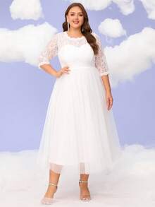 Women Plus Size Floral Lace Mesh Curve Wedding Dress Engagement Bridal Shower Cocktail Party Gowns Reception Bachelorette Event Rehearsal Extended Sizing, For Valentine's Day - White - View 6