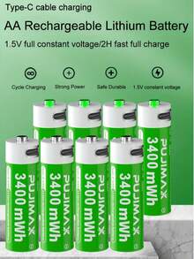 PUJIMAX 8pcs AA 1.5V 3400mWh Rechargeable Lithium Batteries, Type-C Port Charging, Save More Money, Stable Voltage, Quality Is Far Ahead. Suitable For Alarm Clock, Remote Control, Doorbell, Camera, Flash, Shaver, CD Player, Power Remote Control, Halloween Lights. [Please Use Type-C Port Cable For Charging] - AA - View 1