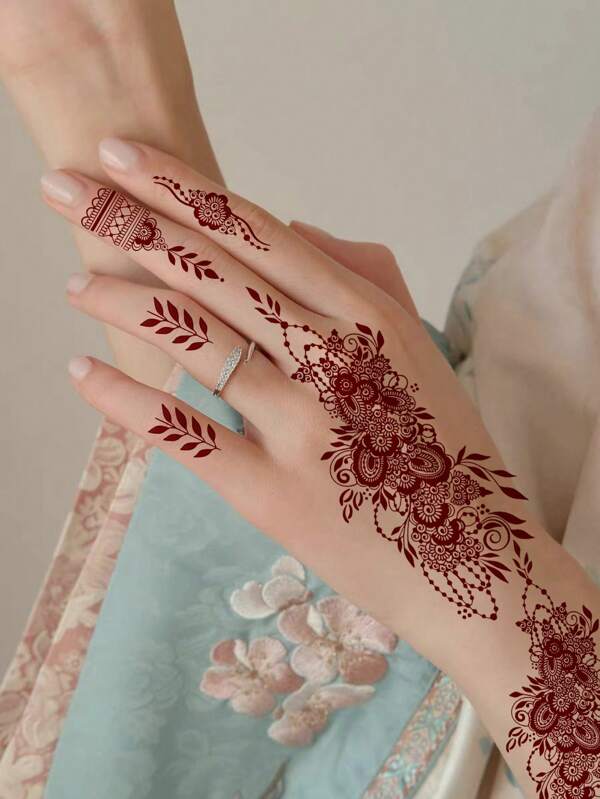 2 pièces Autocollants de tatouage de fleurs brunes pour la main, le pied, la jambe, tatouages au henné imperméables pour la décoration du corps des femmes, motif de feuilles, faux tatouage convenant pour le mariage et les festivals