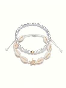 2pcs/Set Bohemian Style Starfish & Seashell Anklets, Suitable For Daily Wear And Vacation, Great As Holiday Gift For Friends - White - View 3