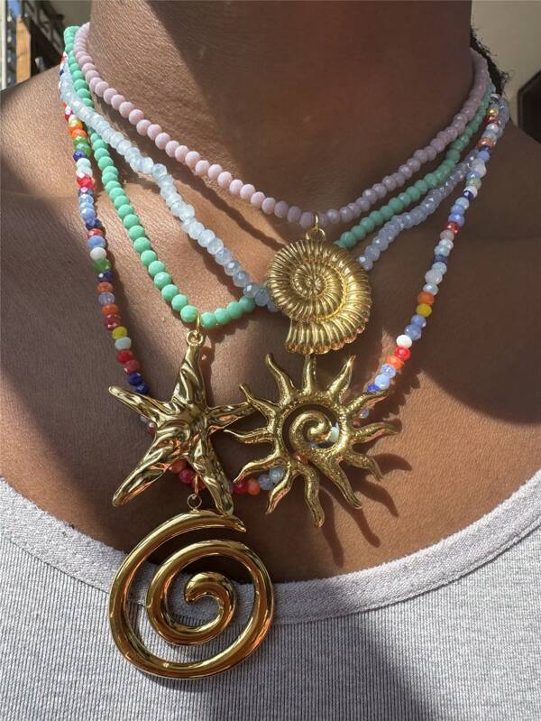 Collar gargantilla de cuentas de colores con colgante de estrella de mar y concha, charm de bobina de acero inoxidable, primavera/verano