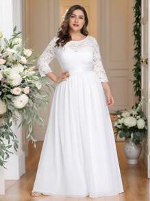 Elegantes Chiffon-Kleid mit Rundhalsausschnitt, transparenter Spitze und Große Größen für die Mutter der Braut/des Bräutigams, Hochzeitskleid