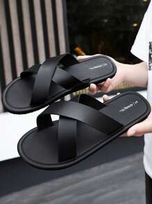 Men's Comfortable Fashion Black Slippers Cross Slippers Cool Non-Slip Lightweight Flat Casual Sandals