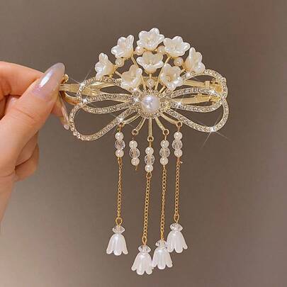 1件装时尚仿珍珠百合花水钻优雅发夹配饰，适合女性日常、运动、度假、旅行、海滩、派对、返校、毕业、节日礼物、发饰、发夹、发爪夹、发卡、学习用品、珍珠发饰、女士度假装扮、闺蜜礼物、头部配饰