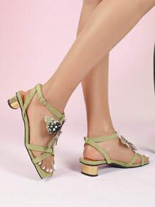 Distinctive Light Green Lace-Up Sandals With Delicate Butterfly Pattern And Gold Chunky Heel - Green - View 5