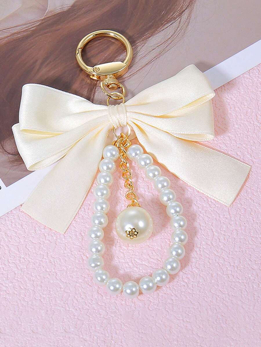 Faux Pearl Bow Phone Lanyard Keychain Versatile Bag Accessory Bows Summer Bridesmaid Gifts - White - View 1