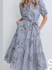 Women's Elegant Blue & White Striped Button-Up Flared Hem Short Sleeve Shirt Dress
