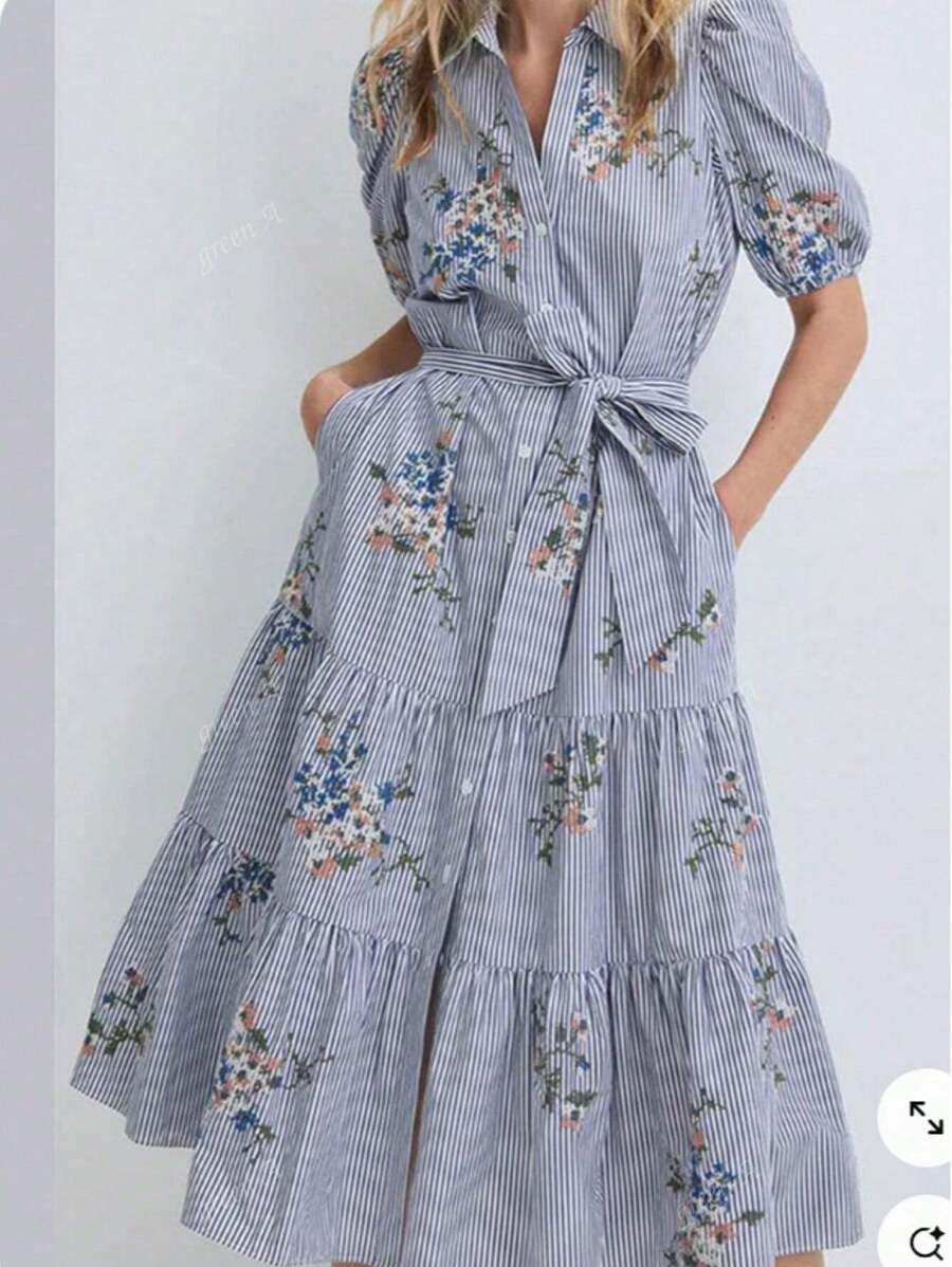 Women's Elegant Blue & White Striped Button-Up Flared Hem Short Sleeve Shirt Dress