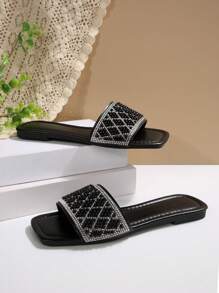 Women's Strap Rhinestone Decor Casual Sandals, Outdoor Plastic Flat Slippers
