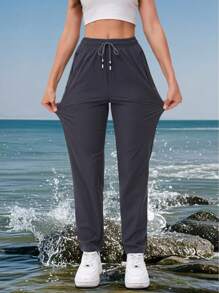 Pantalon de randonnée outdoor léger et respirant pour femmes, taille haute avec cordon de serrage, taille élastique, double poche zippée