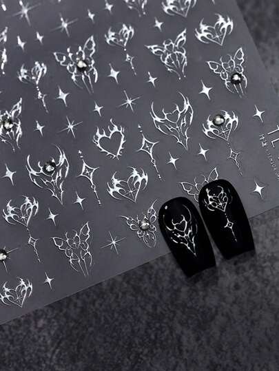 1pc Silver Heart, Star, Butterfly Nail Charm Sticker Diamond Gem Jewelry DIY Art Punk Style 3D Nail Art Decoration Decal Stick It On Your Nails, Apply A Layer Of Clear Nail Polish Or Top Coat On The Surface, And Your Nails Will Look More Beautiful And The Nail Stickers Will Last Longer
