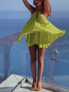 Spring & Summer New Women Sexy Deep V Spaghetti Strap Backless Loose A-Line Layered Ruffles Mini Dress, Suitable For Vacation, Streetwear, Tropical - Green - View 5