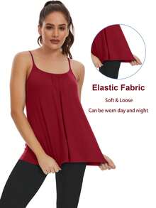 Women's Camisole With Built In Bra Tank Top Flowy Swing Pleated Tank Top Cami With Adjustable Spaghetti Strap Shelf Bra Loose Vest