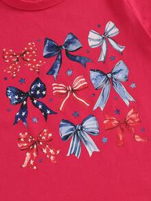 Kids Toddler Girl 4th Of July Patriotic T-Shirt Infant Girls Bow Print Tops Crew Neck Short Sleeve Casual Summer Tops For Girls - Red - View 10
