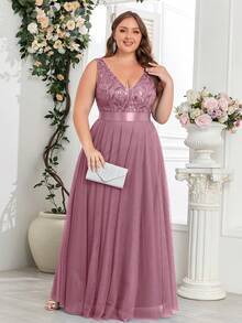 Plus Size Contrast Sequin Embroidered Mesh Bridesmaid Dress,Prom Gown, For Wedding Guest Gown, Graduation, Dinner Party Dress - Dusty Pink - View 7