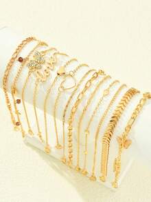 19 件/17 件/14 件/13 件波西米亚风格金属水钻心形贝壳鱼尾蝴蝶串珠多件套脚链套装，优雅的女性珠宝礼物，适合夏季海滩度假、日常佩戴、节日、周年纪念 - 金黃色 - 查看 3