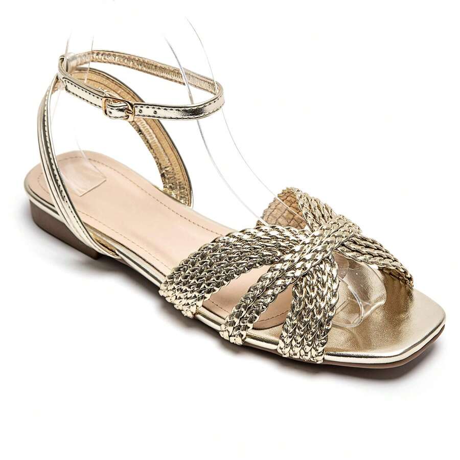 Flat Sandals With Woven Crescent-Shaped Straps And Adjustable Buckle - Fashionable And Comfortable Summer Style - Gold - View 1