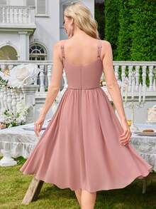 雪纺简约性感披肩修身鸡尾酒会礼服，适合婚礼、伴娘礼服 - 珊瑚粉 - 查看 2