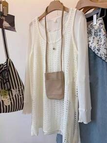 女士夏季度假沙滩装，U 领钩针针织无袖背心，侧开衩，中长款波西米亚风罩衫 - 杏色 - 查看 2