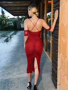 Đầm midi lưới xếp ly CurvySweet dành cho nữ, có áo ngực tích hợp, thích hợp cho các bữa tiệc, đám cưới và hẹn hò. - màu đỏ - Xem 4