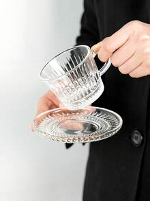 1pc Premium Glass Coffee Cup & Saucer Set, Creative Embossed Striped Textured Cup & Saucer, Elegant Afternoon Tea Cup & Saucer, Household Breakfast Milk Cup - Transparent - View 14