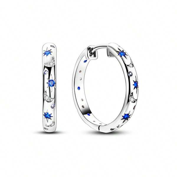 Silvery Blue  Hoop Earrings For Women Star Moon Galaxy Starry Blue  Luxury Jewelry Gifts 1Pair
