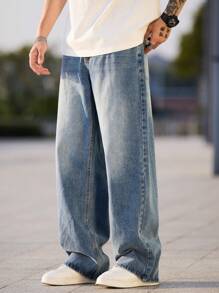 1 pieza Pantalones vaqueros sueltos con pierna ancha de estilo retro americano versátil para hombre, pantalones casuales lavados de ajuste relajado