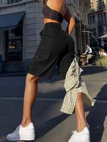 Women's Solid Color Casual Versatile Multi-Pocket Cargo Bermuda Shorts - Black - View 5