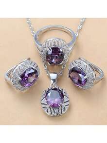 4PCS 925 Silver Plated Fashion Wedding Big Jewelry Sets Bridal Costume Colorful Zirconia Earrings And Pendant Ring Earrings For Women Christmas And Thanksgiving Birthday Gift