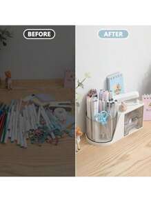 2-Drawer Rotating Desk Organizer, Pen Holder, Desktop Storage Rack And Shelves With 4 Compartments + Drawers, Suitable For Office, Home And Art Supplies