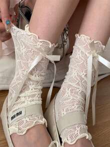 1 Pair Lace Bow Ruffle Crew Length Leg Warmers, Summer Sun Protection Stocking, Y2k, E-Girl, Cozy - Multicolor - View 2