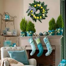 22" Lemon Wreath With Eucalyptus & Bowknot - Vibrant Spring/Summer Home Decor For Front Door, Wedding, Party, Indoor/Outdoor Use - Plastic Material, No Feathers, Classic Style