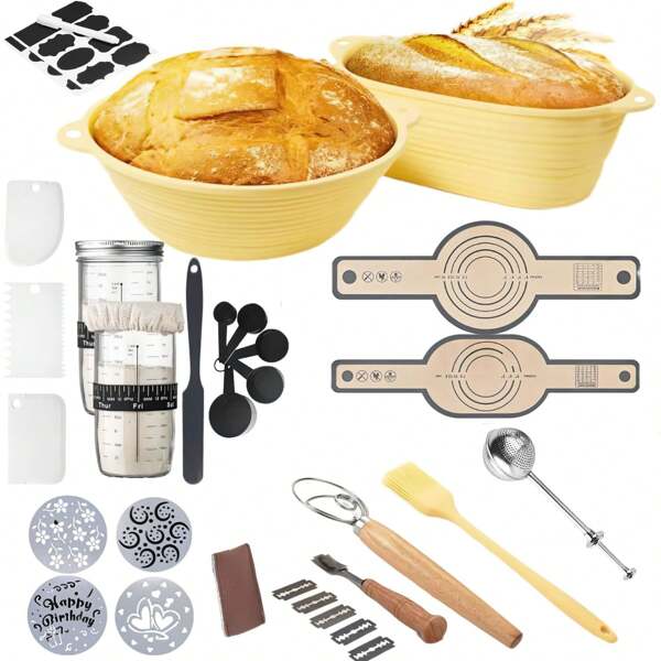 Komplettes Brotbackset 40st: 2er Faltbar Silikon Brot Gärkorb 9" runder  und 10" Oval Silikon Brot Sling, Schneebesen,Teigspachtel, Sauerteig starter set für Brotbacken, Fermentation, Backen, Backwerkzeuge, Küchenhelfer Bäckermesser, brotbacken starter set backen geschenke für brotbäcker perfekt für Heim - und Profibäcker
