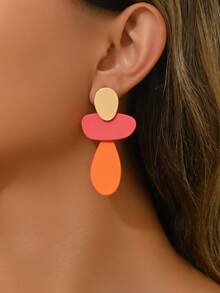 1对时尚简约几何圆形铁片DIY拼接多色豹纹工艺耳环，新增奶牛纹几何拼接耳环，椭圆形豹纹铁圈金色耳钉，新增深红色几何拼接耳环，多枚金色圆环拼接钻石形耳环，女士珠宝耳环，适合派对、约会、晚宴、日常佩戴。金属表面为手工绘制，可能存在细微瑕疵，但依然美观。谢谢。 - 彩色 - 查看 3