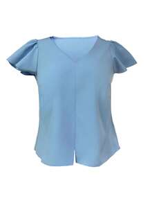 女士休闲时尚蓝色衬衫/柔软舒适时尚法式女士 V 领荷叶边袖简约优雅衬衫，不含腰带 - 藍色 - 查看 1