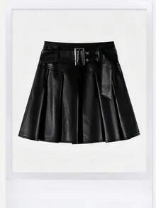 春夏Y2K音乐节女士金属PU百褶裙套裙黑色皮裙百搭时尚腰带长腿