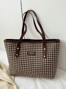 1 pezzo Borsa a tracolla grande in nylon marrone liscio, con cerniera, design con lettera, motivo pied-de-poule, decorata con rivetti, versatile e casual, adatta per uso quotidiano delle donne
