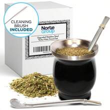 Norte Yerba Mate Cup Kit, 8-Ounces Traditional Mate Tea Cup/Gourd Set | Includes 2 Bombillas (Yerba Mate Straw) & Cleaning Brush, Stainless Steel Cup, Double-Walled, Easy To Clean | Black