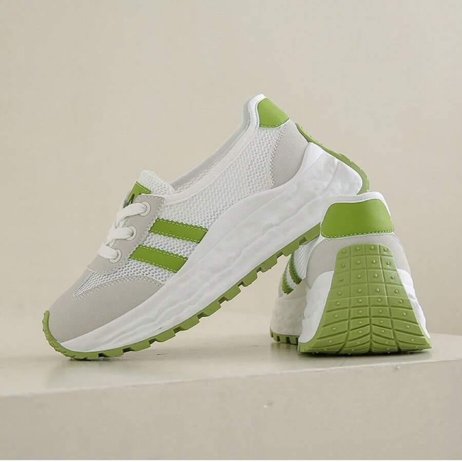 Women's Green Mesh Chunky Sneakers, Breathable Casual Sports Shoes, Size 35-40 - Green - View 1