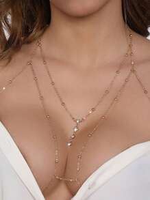 Two Pieces Sexy Rhinestone Chain Decorated Body Jewelry For Women, Fresh And Sweet Chest Chain With Personalized Tassel And Rhinestone Pendant, Sexy Women Steel Body Chain Collarbone Chain, For Rave