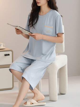 2 件套女式 Modyl 睡衣套装，短袖上衣和 3/4 长裤，柔软舒适的家居服
