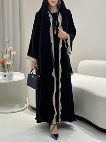 Bata negra para mujer con bajo elegante con volantes, estilo de Oriente Medio abrigo vestido tipo cárdigan de parche, modesta - Negro - Ver 2