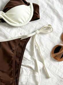 2 pezzi Set bikini da donna, effetto snellente, stile push-up con disegno allegro a laccetti, adatto per spiaggia e feste in piscina estive