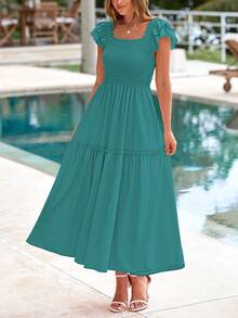 Vestidos de verano para mujer, plisados, de manga corta y con vuelo, con capas - Verde azulado - Ver 3