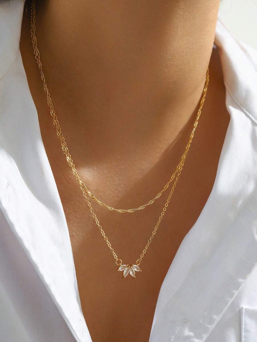 1 chiếc vòng cổ mặt dây chuyền bằng đồng Zirconia hai lớp và nơ dành cho phụ nữ, đeo hàng ngày/hẹn hò, quà tặng Ngày của Mẹ - Vàng - Xem 1